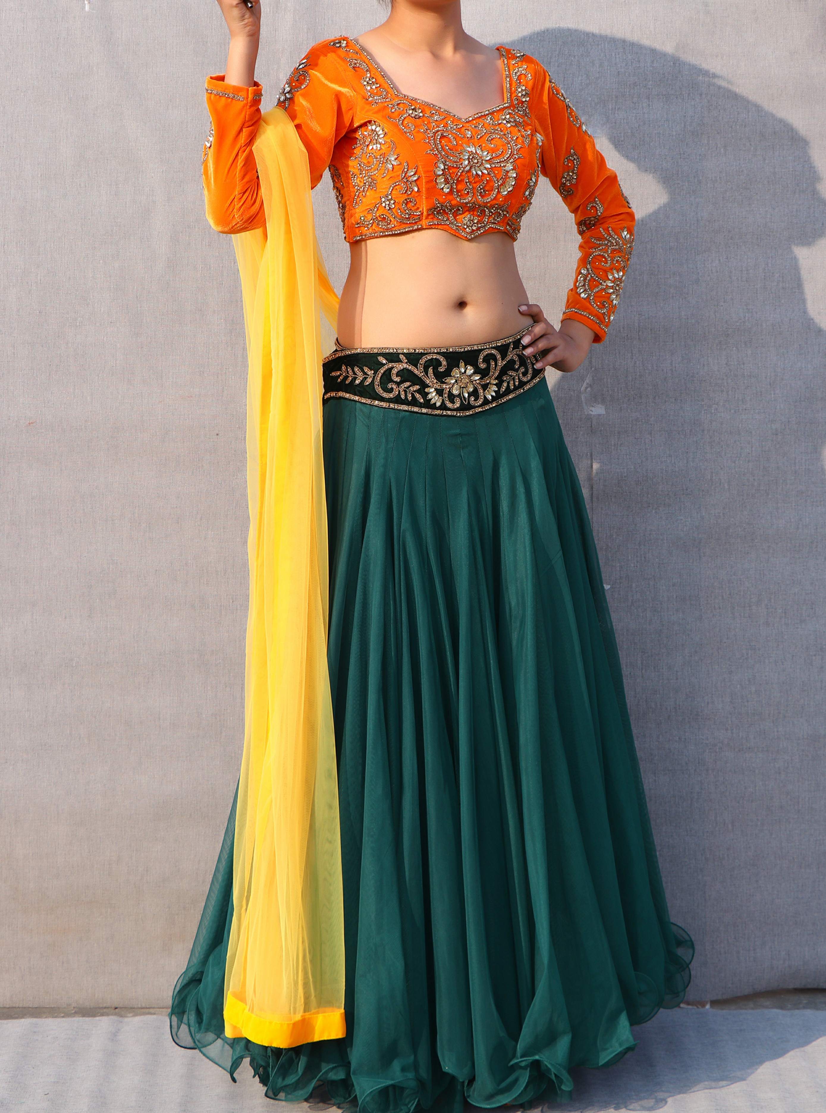 Green Orange Color Lehenga With Full Sleeve Designer Blouse In Embroidery And Stone Handmade Work